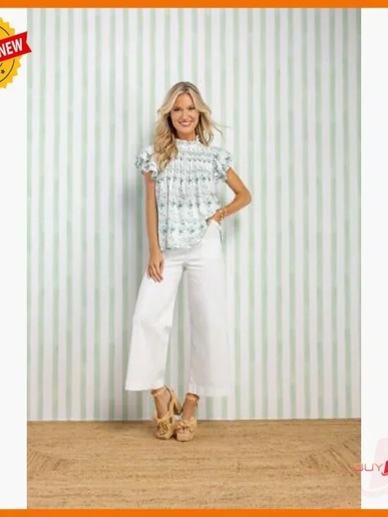 Flutter Sleeve Cotton Top, Pleated Bodice, Swing Hem, Size Small - Picture 3 of 6